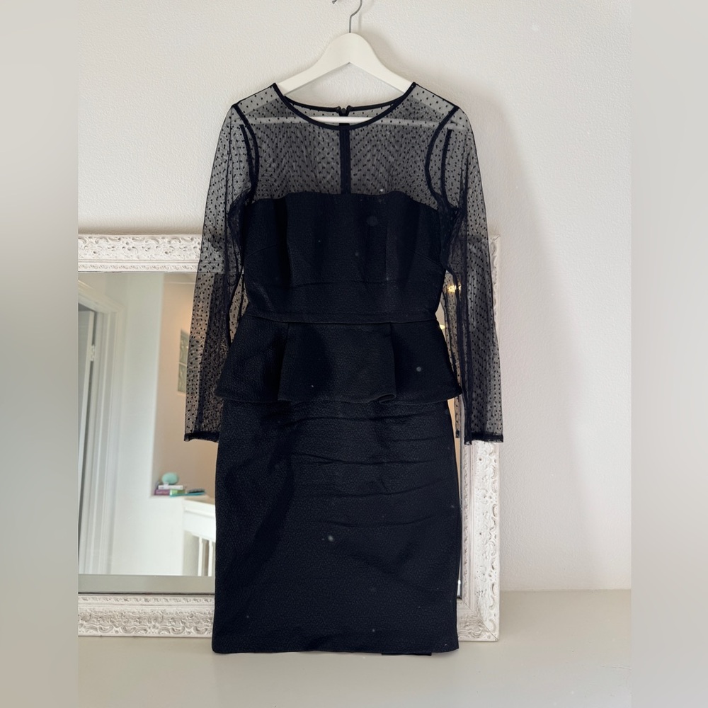 David Meister Classic Black Peplum Pencil Dress Sheer Sleeves
